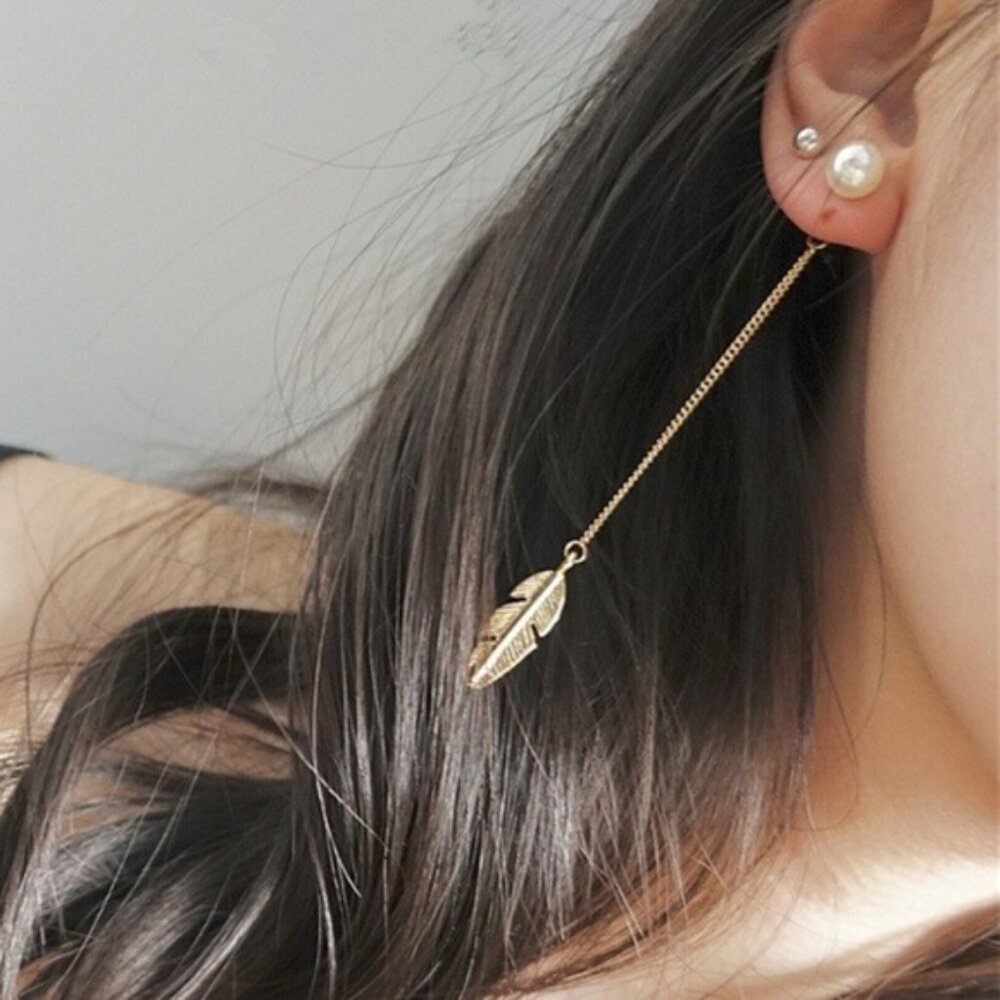 Boho Pearl Feather Dangle Gold Indie Earrings